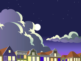 Vector illustration of the night sky in an european city, with moon, stars, clouds and the roofs of the houses in the background. Empty space leaves room for design elements or text. Postcard. Poster.