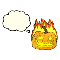 cartoon spooky pumpkin with thought bubble
