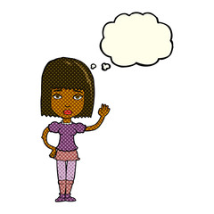 cartoon woman waving with thought bubble