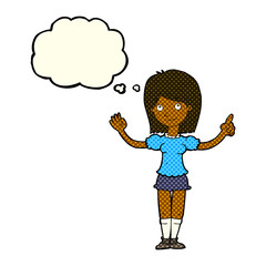 cartoon woman explaining idea with thought bubble