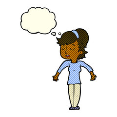 cartoon friendly woman shrugging shoulders with thought bubble