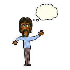 cartoon waving man with mustache with thought bubble