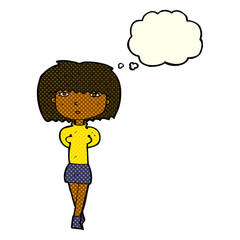 cartoon shy woman with thought bubble