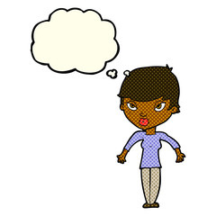 cartoon woman shrugging shoulders with thought bubble