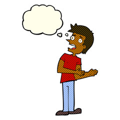 cartoon man making excuses with thought bubble