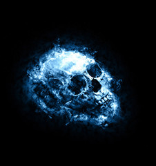 Mythical blue toned skull engulfed in flames