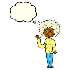 cartoon annoyed old woman waving with thought bubble