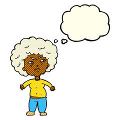 cartoon annoyed old woman with thought bubble
