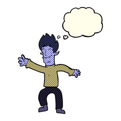 cartoon happy vampire man with thought bubble