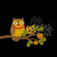 Fashionable owl on the branch. Spring concept illustration. 