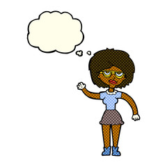 cartoon waving woman wearing spectacles with thought bubble