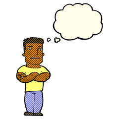 Fototapeta premium cartoon tough guy with folded arms with thought bubble