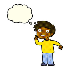 cartoon boy posing for photo with thought bubble