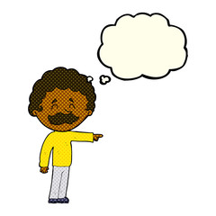 cartoon man with mustache pointing with thought bubble