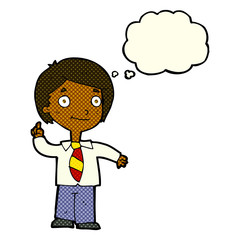 cartoon school boy answering question with thought bubble