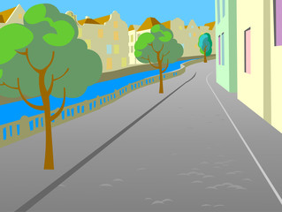 The summer day on the riverfront area. Vector illustration of the embankment in an european city with trees,a footpath,a river and buildings in the background.Cartoon style.Postcard.Poster.Background.