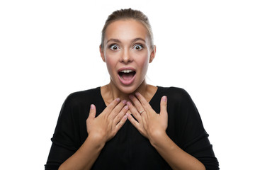 Portrait of surprised woman on white background