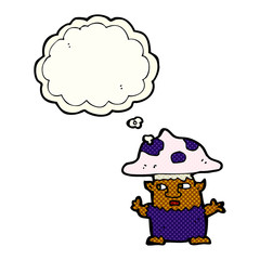 cartoon little mushroom man with thought bubble