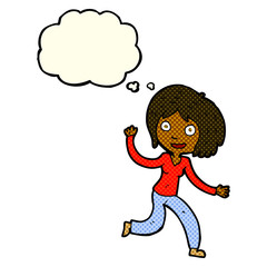 cartoon happy waving girl with thought bubble