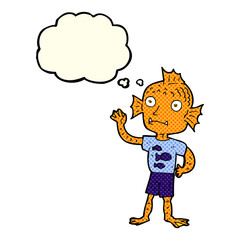 cartoon waving fish boy with thought bubble