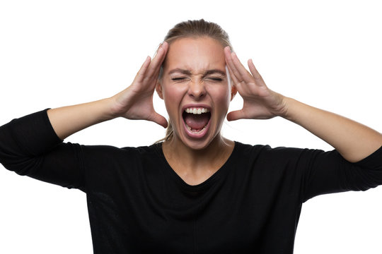 Portrait Of Stressed Woman On White Background