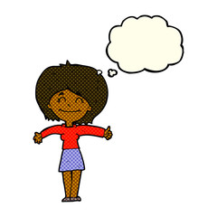 cartoon woman giving thumbs up sign with thought bubble