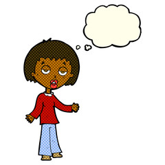 cartoon tired woman with thought bubble