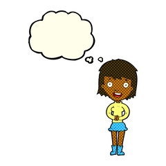 cartoon excited woman with thought bubble