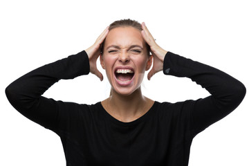 Portrait of stressed woman on white background