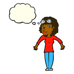 cartoon woman wearing goggles with thought bubble