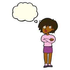 cartoon woman wit crossed arms with thought bubble