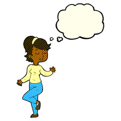 cartoon dancing woman with thought bubble