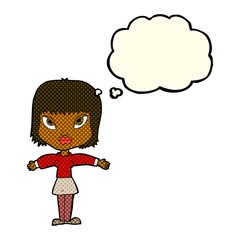 cartoon woman with outstretched arms with thought bubble