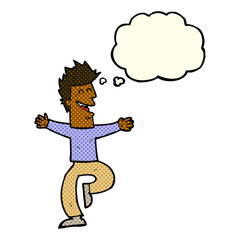 cartoon laughing man with thought bubble