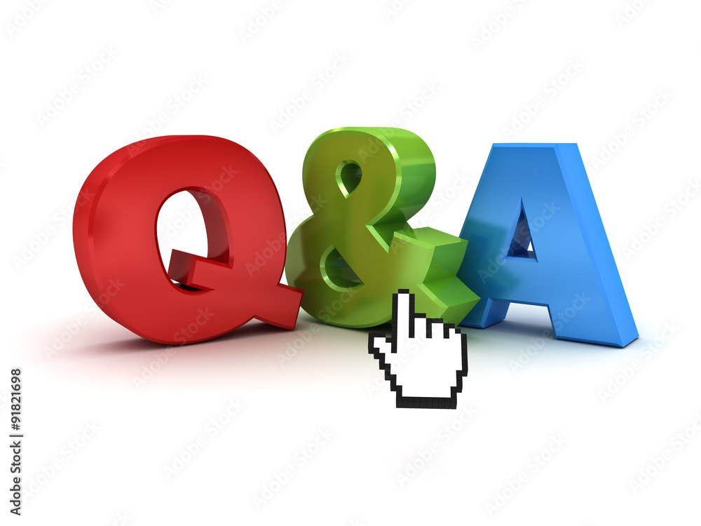 Aufkleber questions and answers concept q and a word with computer hand cursor isolated over white background