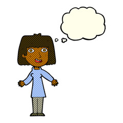 cartoon happy woman with thought bubble