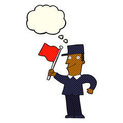 cartoon man waving flag with thought bubble