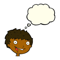 cartoon laughing boy with thought bubble