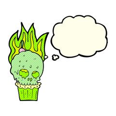 cartoon spooky skull cupcake with thought bubble