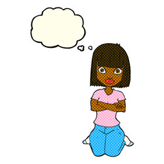 cartoon woman kneeling with thought bubble