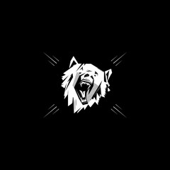 Black and white monochrome emblem, symbol, logotype, sign, badge, sticker, poster of a bear, dog, wolf. Identity, T-shirt, textile, cloth, apparel, tattoo, print usage