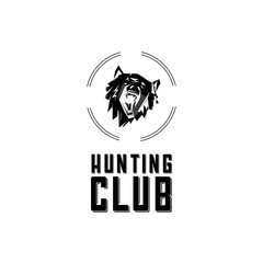 Black and white monochrome emblem, symbol, logotype, sign, badge, sticker, poster of a bear, dog, wolf. Identity, T-shirt, textile, cloth, apparel, tattoo, print usage