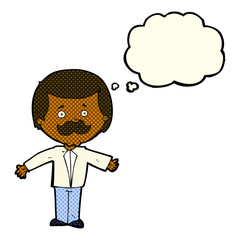 cartoon mustache man with open arms with thought bubble
