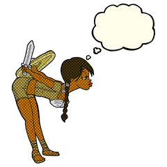 cartoon viking girl bowing with thought bubble