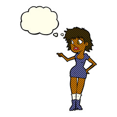 cartoon worried woman in dress pointing with thought bubble