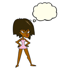 cartoon angry woman in dress with thought bubble