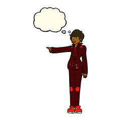 cartoon woman in leather jacket pointing with thought bubble