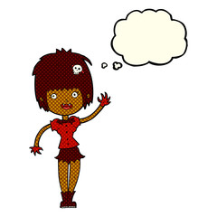 cartoon waving vampire girl with thought bubble