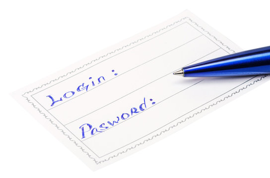 pen and badge with the inscription login and password isolated on a white background