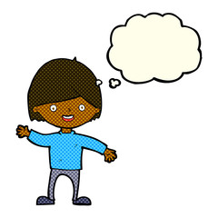 cartoon waving boy with thought bubble